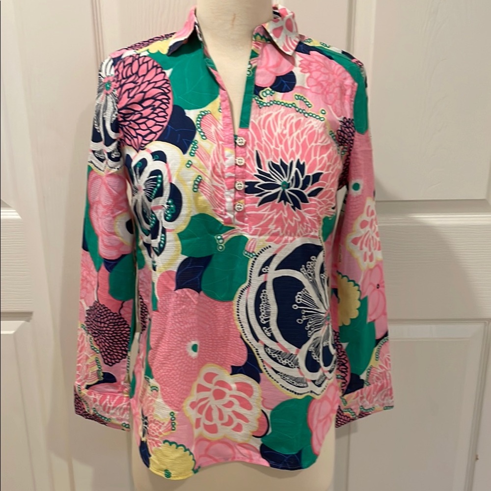 NWT Talbot's Cotton Pink Floral Long Sleeve Button Down Polo Small Petite SP